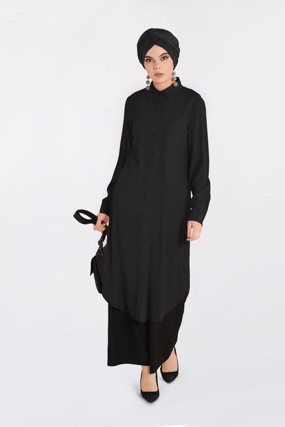 Tesettür giyim SİYAH DÜĞMELİ UZUN TUNİK 4397