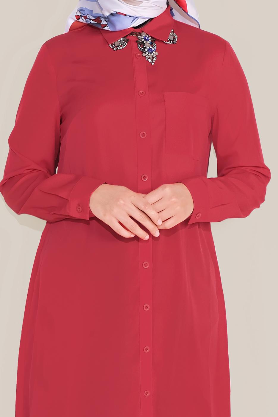 Tesettür giyim KIRMIZI DÜĞMELİ UZUN TUNİK 4397