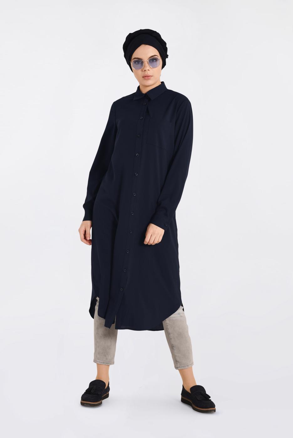 Tesettür giyim LACİVERT DÜĞMELİ UZUN TUNİK 4397