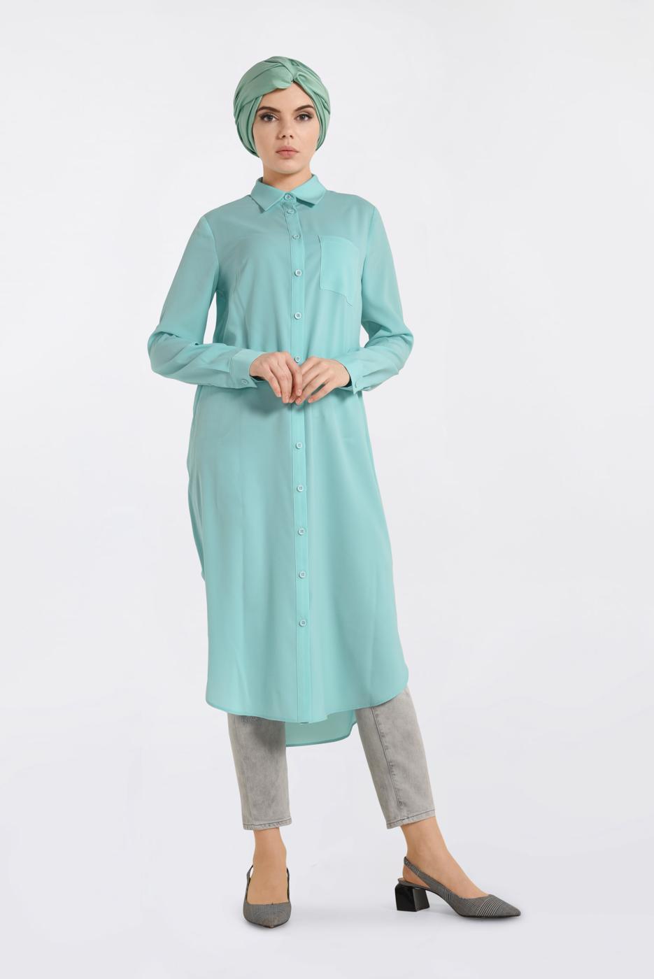 Tesettür giyim YEŞİL DÜĞMELİ UZUN TUNİK 4397