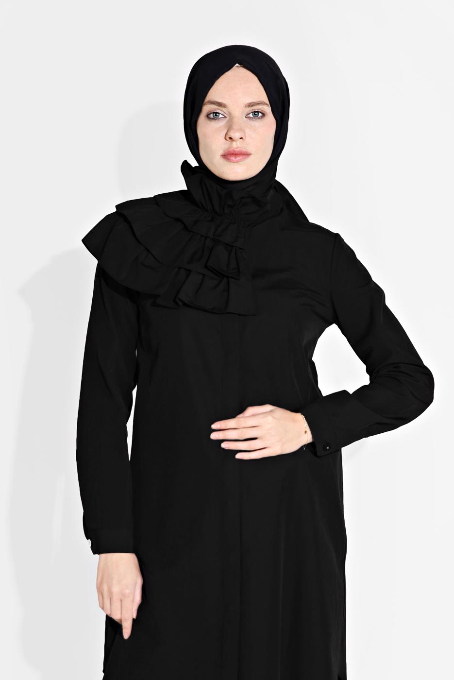 Tesettür giyim SİYAH ALVİNA YAKA KISMI FIRFIR DETAYLI TUNİK 4399