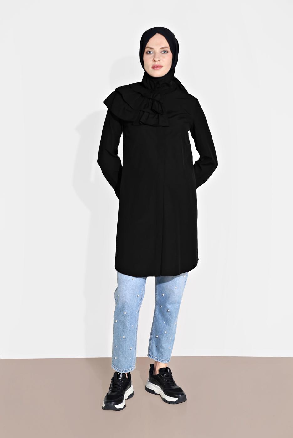 Tesettür giyim SİYAH ALVİNA YAKA KISMI FIRFIR DETAYLI TUNİK 4399