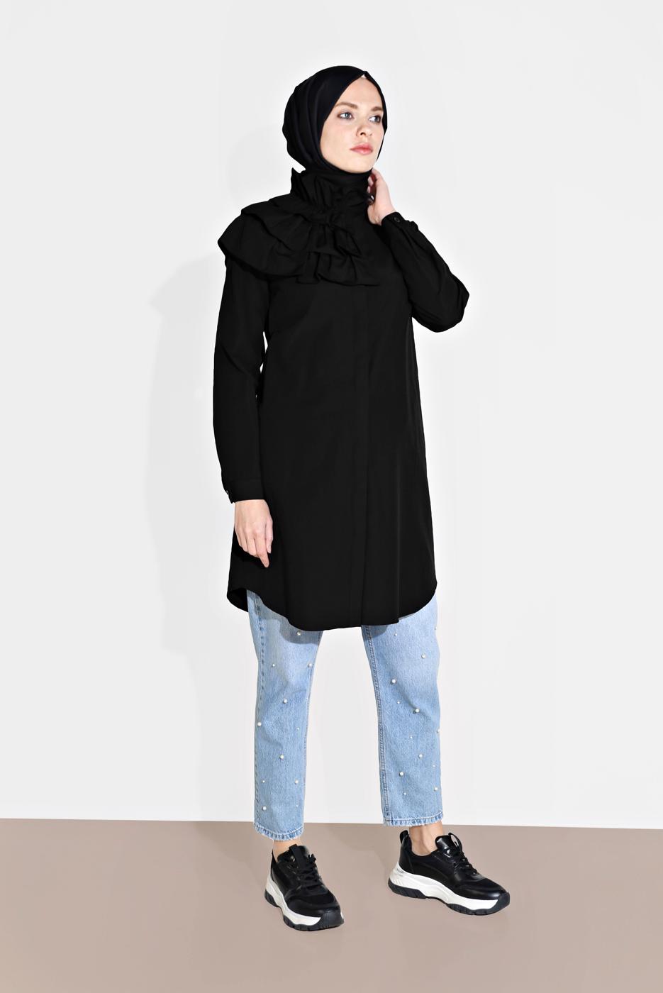 Tesettür giyim SİYAH ALVİNA YAKA KISMI FIRFIR DETAYLI TUNİK 4399