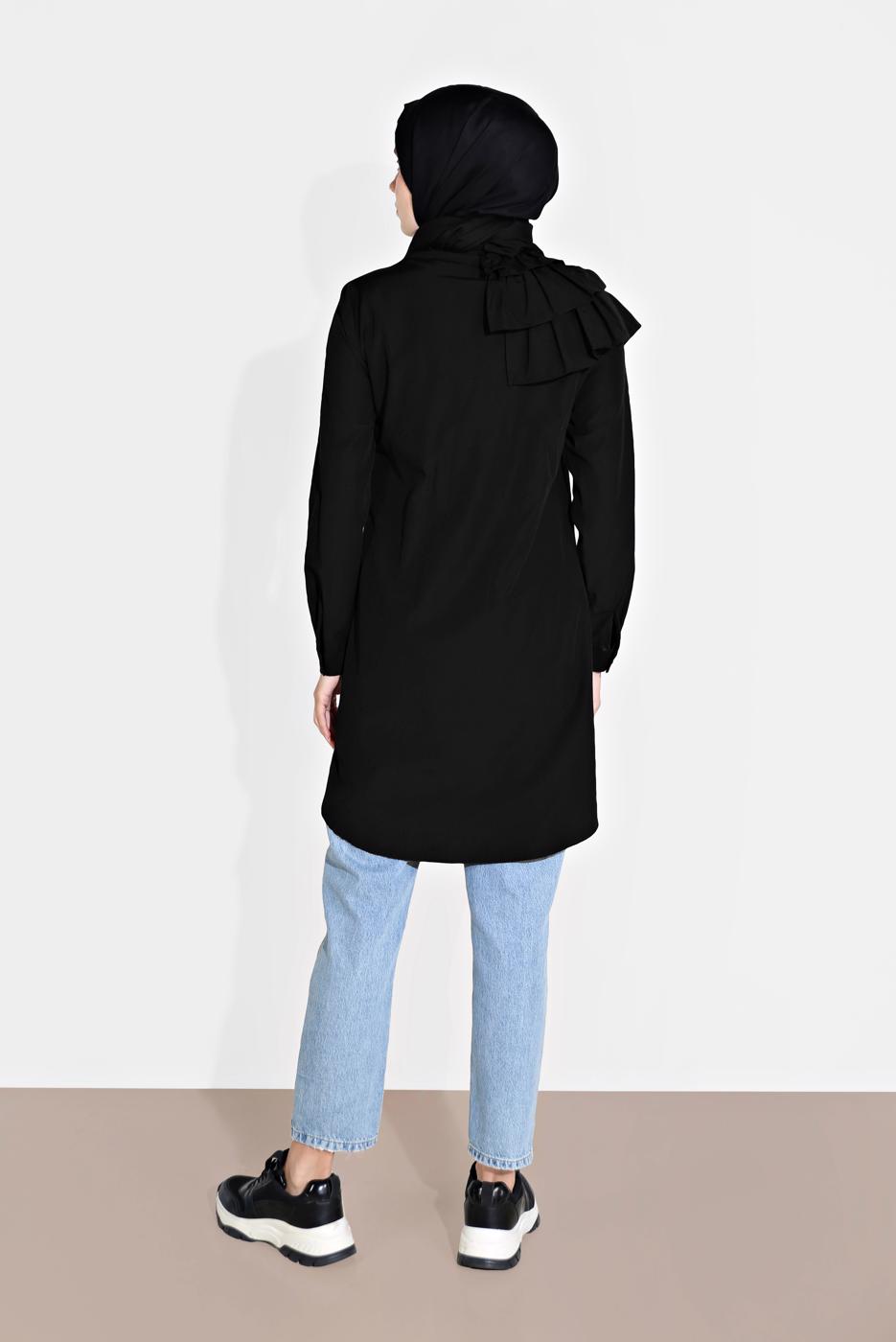 Tesettür giyim SİYAH ALVİNA YAKA KISMI FIRFIR DETAYLI TUNİK 4399