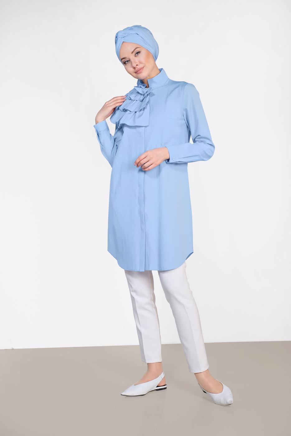 Tesettür giyim MAVİ ALVİNA YAKA KISMI FIRFIR DETAYLI TUNİK 4399