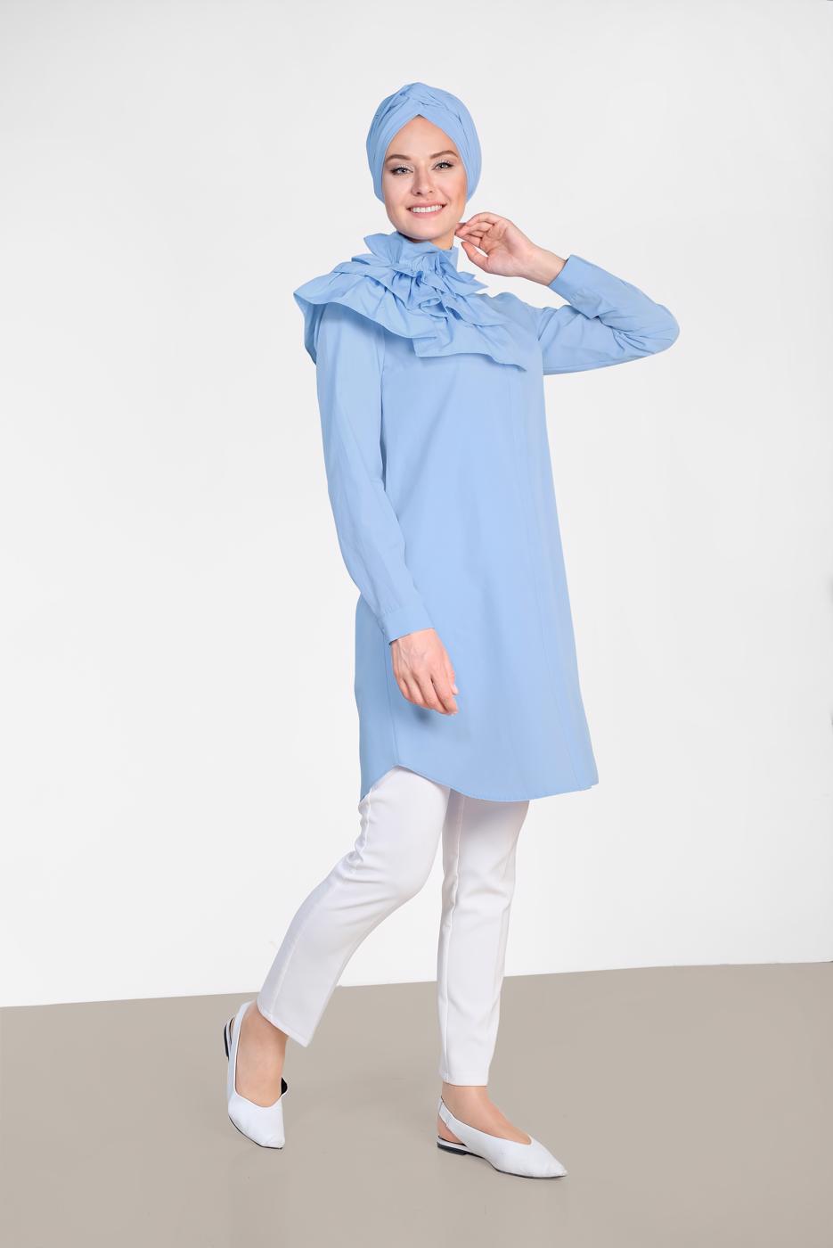 Tesettür giyim MAVİ ALVİNA YAKA KISMI FIRFIR DETAYLI TUNİK 4399
