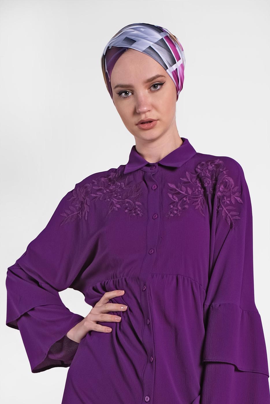 Tesettür giyim MOR ALVİNA KOLLARI VOLANLI İŞLEMELİ TUNİK 4444