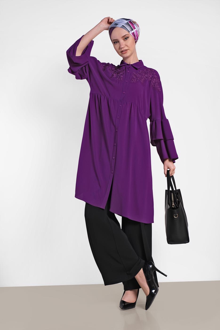 Tesettür giyim MOR ALVİNA KOLLARI VOLANLI İŞLEMELİ TUNİK 4444