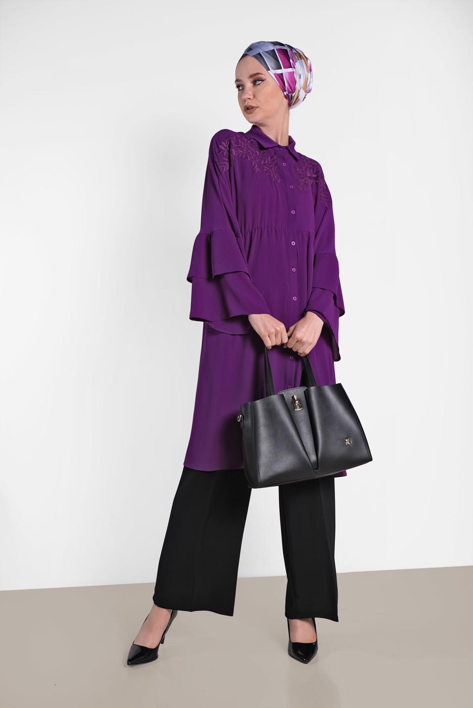 Tesettür giyim MOR ALVİNA KOLLARI VOLANLI İŞLEMELİ TUNİK 4444