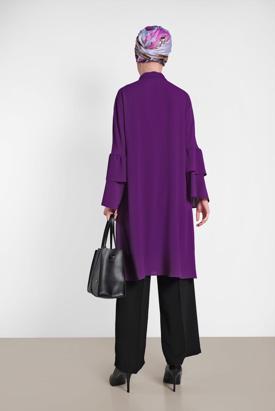 Tesettür giyim MOR ALVİNA KOLLARI VOLANLI İŞLEMELİ TUNİK 4444