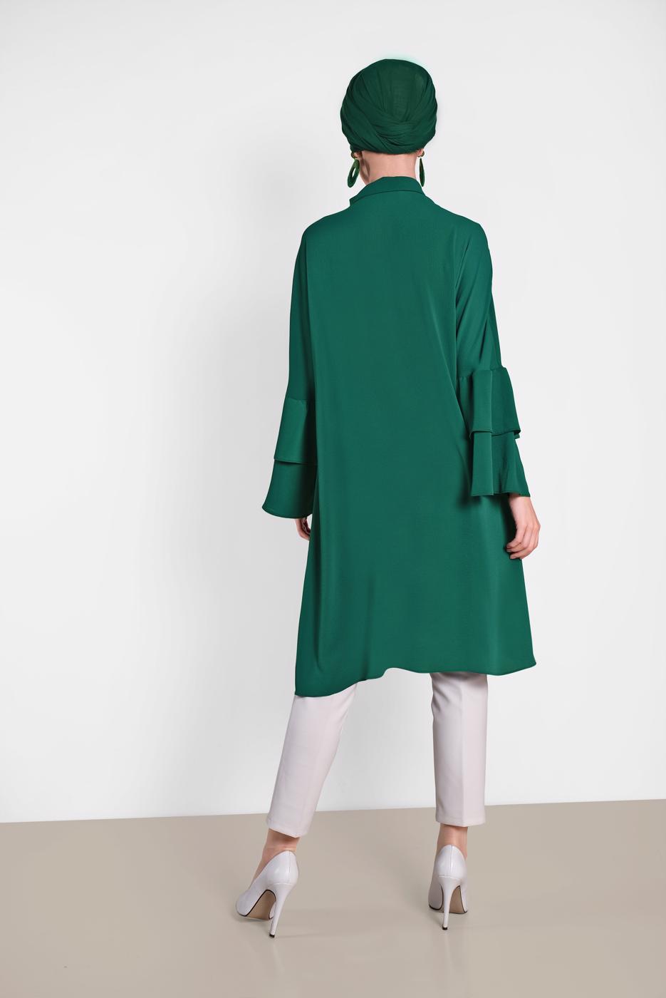 Tesettür giyim YEŞİL ALVİNA KOLLARI VOLANLI İŞLEMELİ TUNİK 4444