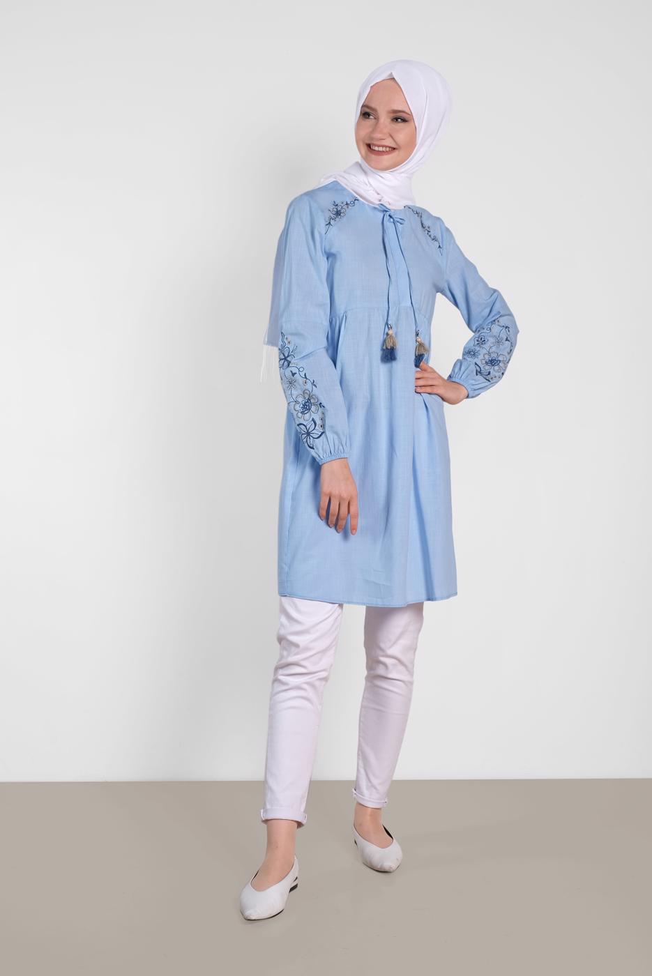 Tesettür giyim MAVİ  ALVİNA KETEN TUNİK  4472