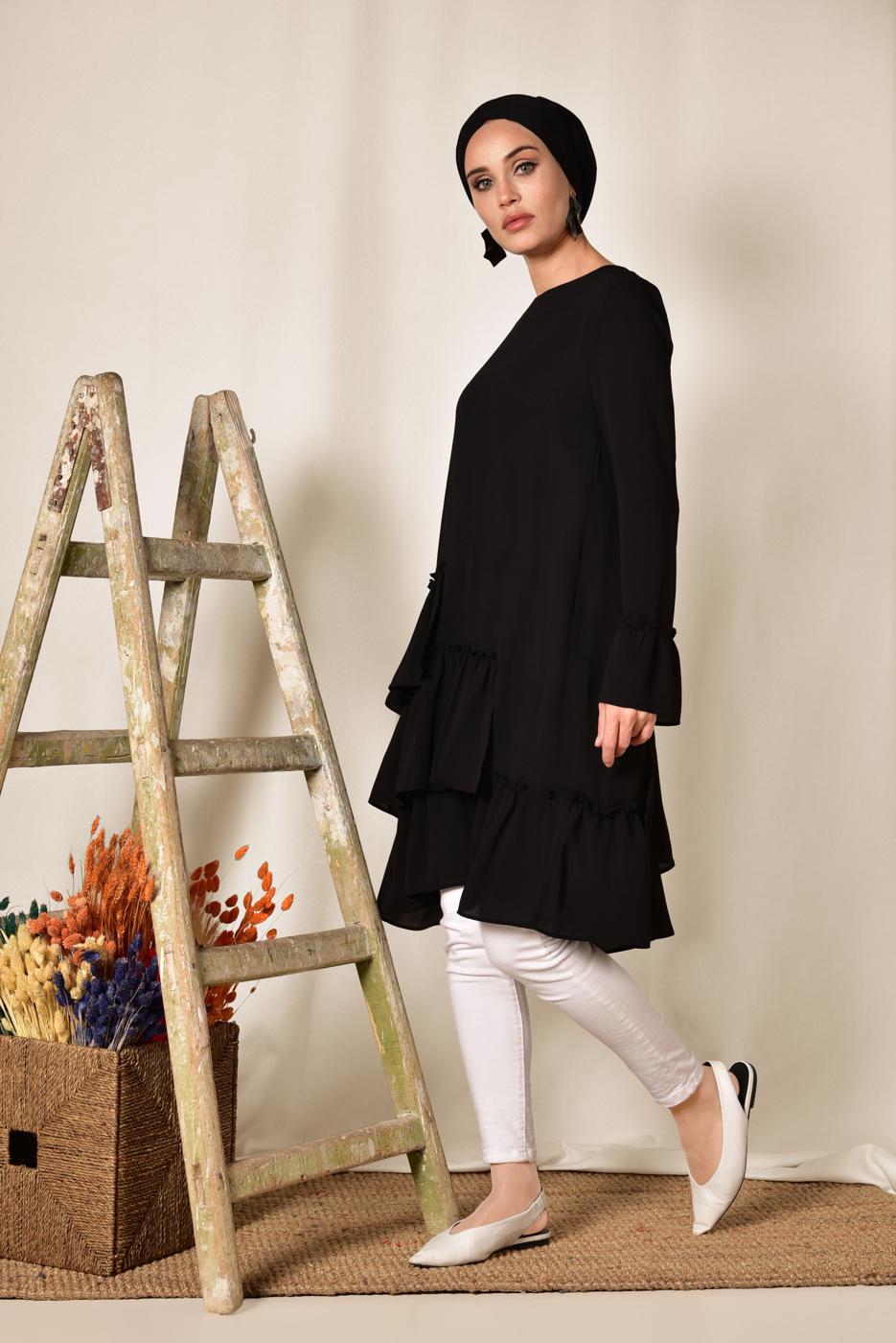 Tesettür giyim SİYAH ALVİNA YANLARI FIRFIRLI TUNİK 4850