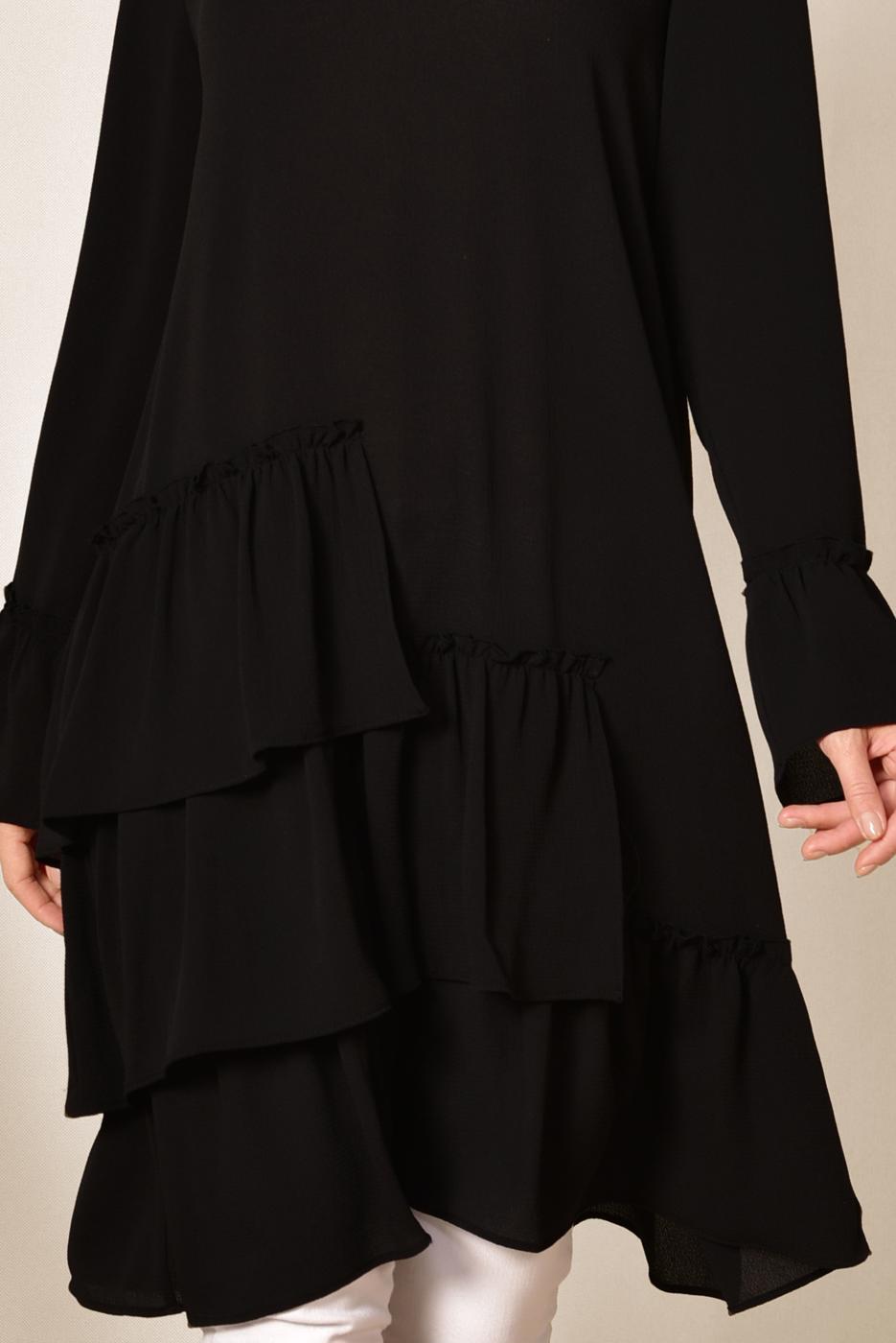 Tesettür giyim SİYAH ALVİNA YANLARI FIRFIRLI TUNİK 4850