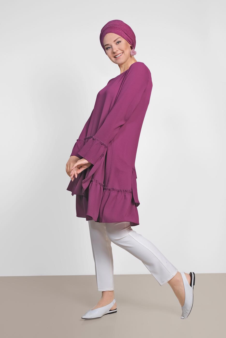Tesettür giyim FUŞYA ALVİNA YANLARI FIRFIRLI TUNİK 4850