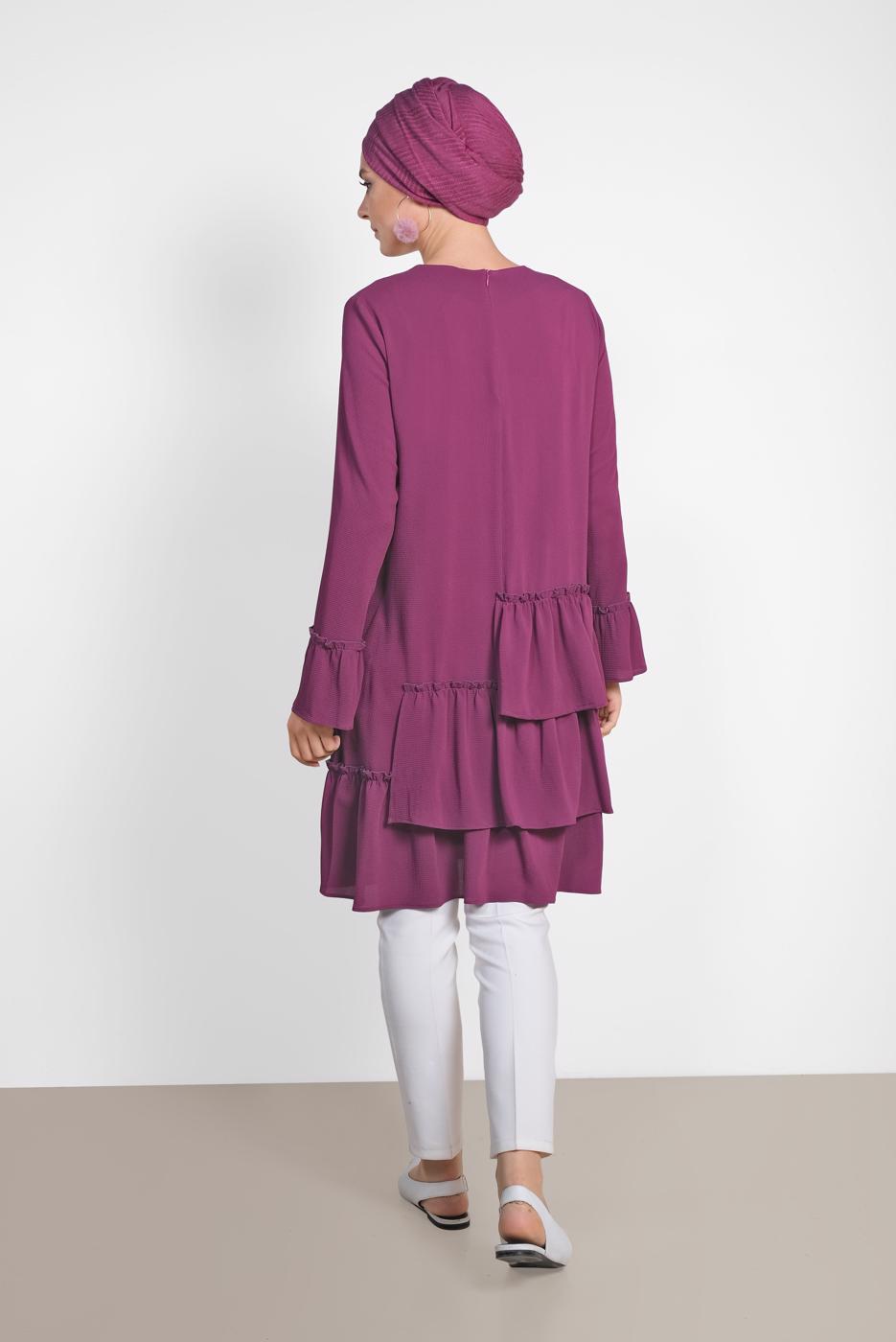 Tesettür giyim FUŞYA ALVİNA YANLARI FIRFIRLI TUNİK 4850