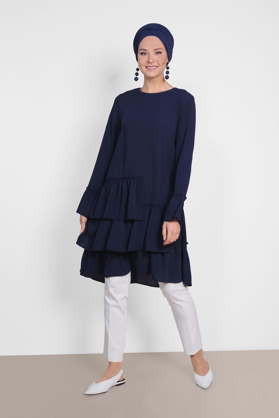 Tesettür giyim LACİVERT ALVİNA YANLARI FIRFIRLI TUNİK 4850