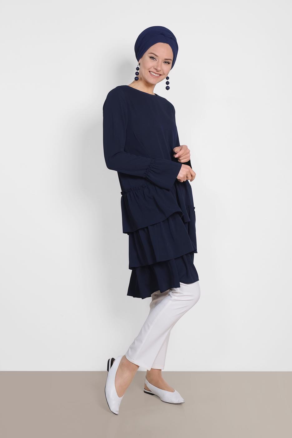 Tesettür giyim LACİVERT ALVİNA YANLARI FIRFIRLI TUNİK 4850