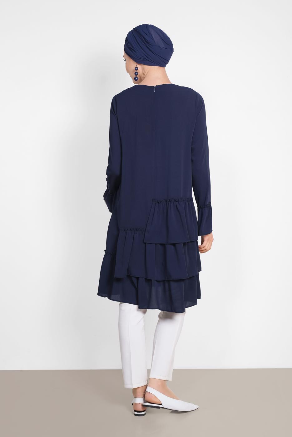 Tesettür giyim LACİVERT ALVİNA YANLARI FIRFIRLI TUNİK 4850