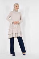 Tesettür giyim EKRU ALVİNA YANLARI FIRFIRLI TUNİK 4850