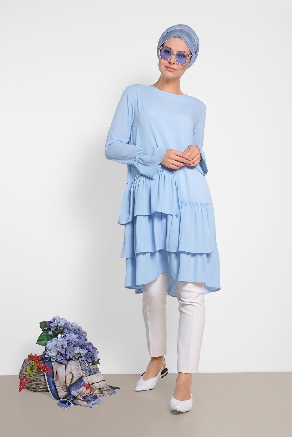 Tesettür giyim MAVİ ALVİNA YANLARI FIRFIRLI TUNİK 4850