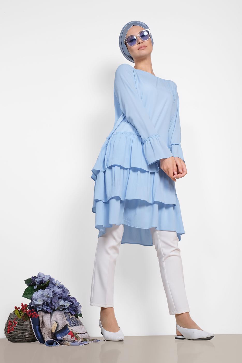 Tesettür giyim MAVİ ALVİNA YANLARI FIRFIRLI TUNİK 4850