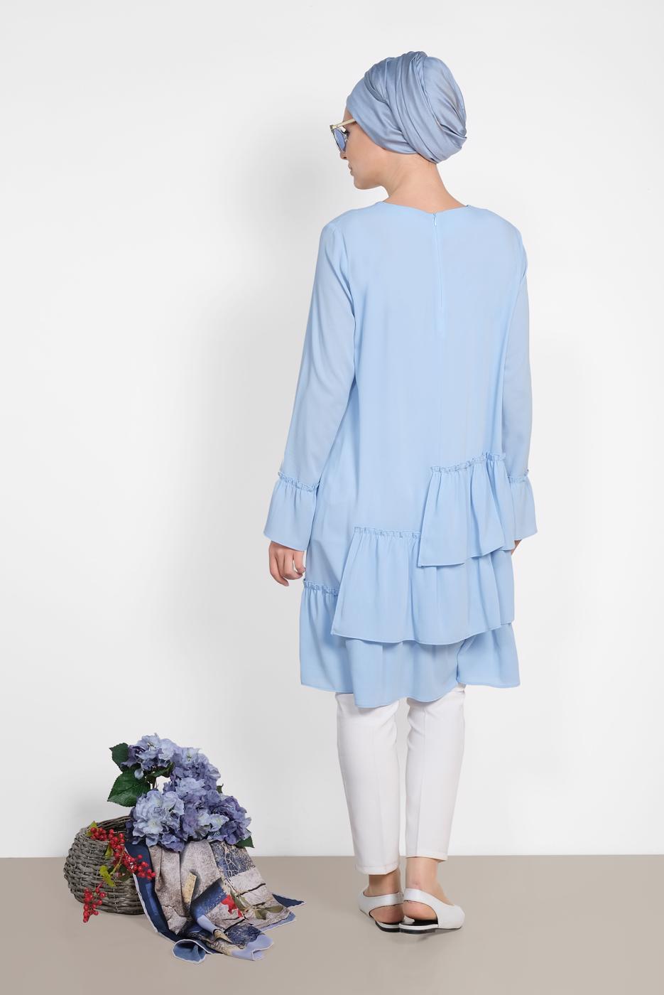 Tesettür giyim MAVİ ALVİNA YANLARI FIRFIRLI TUNİK 4850