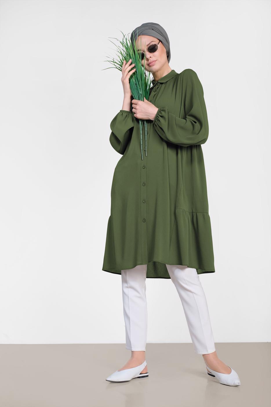 Tesettür giyim HAKİ ALVİNA ARKASI BÜZGÜLÜ TUNİK 4851