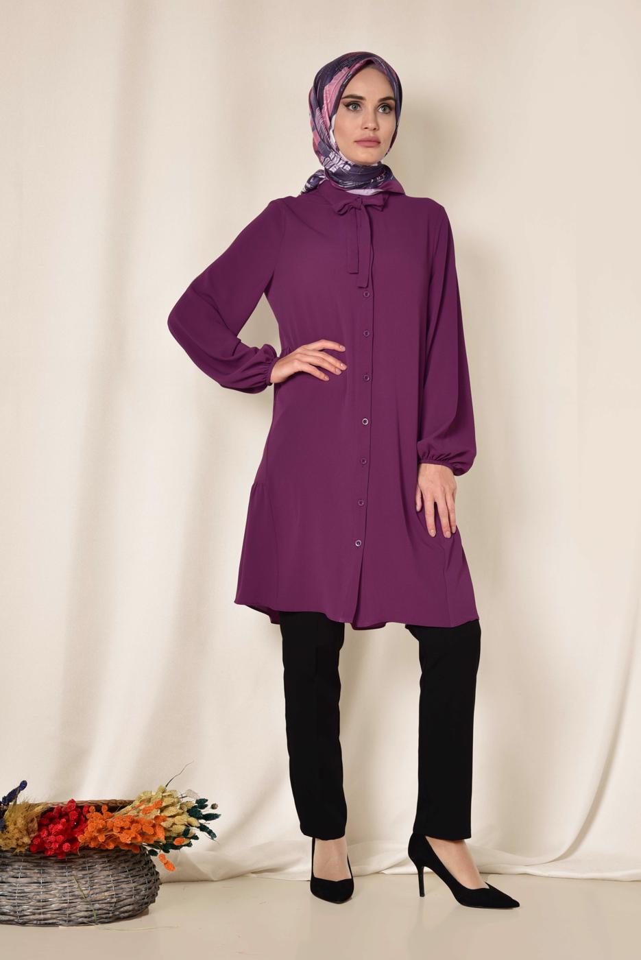 Tesettür giyim FUŞYA ALVİNA ARKASI BÜZGÜLÜ TUNİK 4851