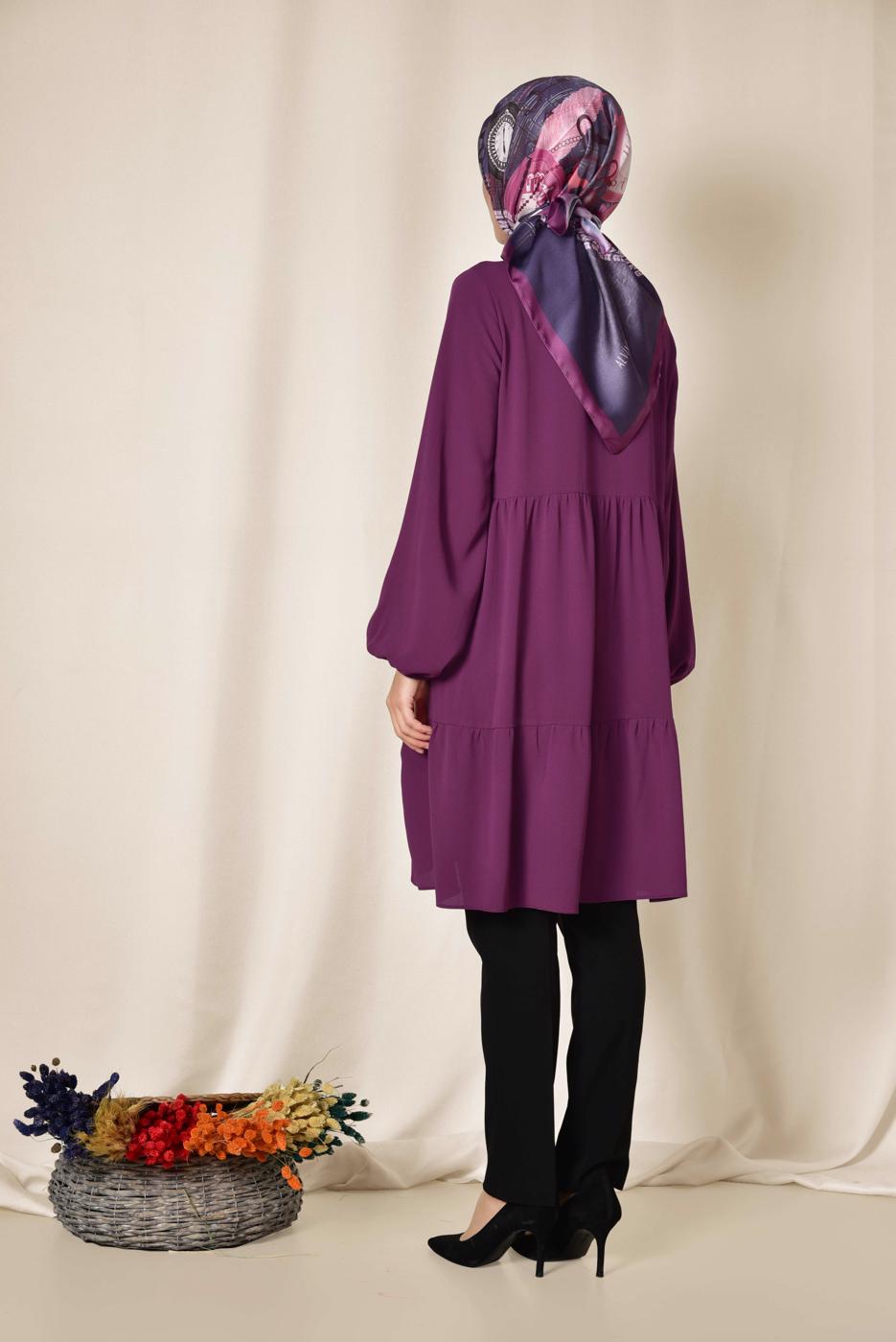 Tesettür giyim FUŞYA ALVİNA ARKASI BÜZGÜLÜ TUNİK 4851