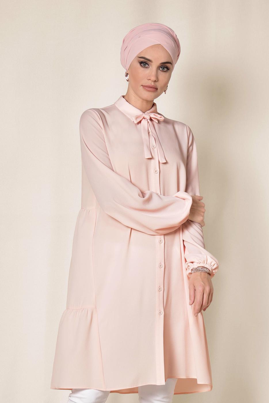 Tesettür giyim PEMBE ALVİNA ARKASI BÜZGÜLÜ TUNİK 4851