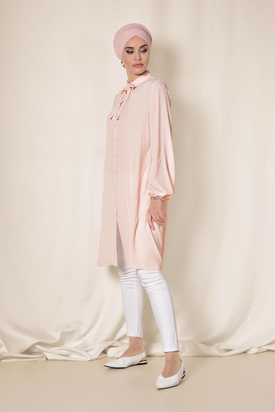 Tesettür giyim PEMBE ALVİNA ARKASI BÜZGÜLÜ TUNİK 4851