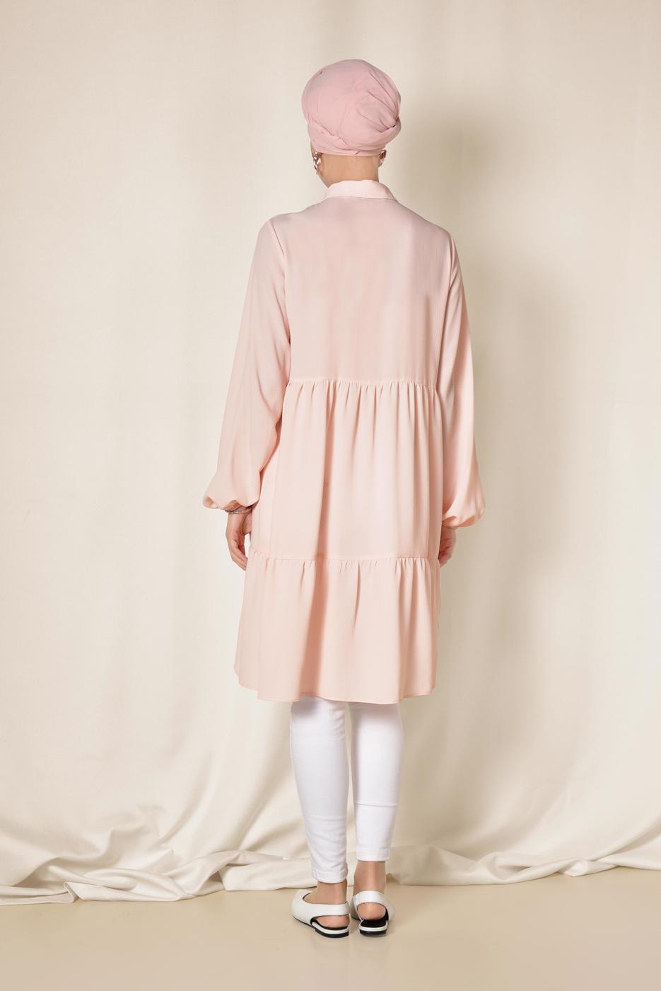 Tesettür giyim PEMBE ALVİNA ARKASI BÜZGÜLÜ TUNİK 4851