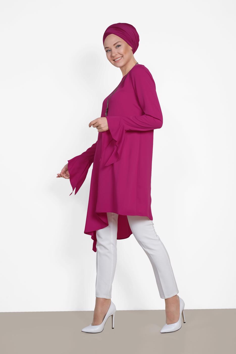 Tesettür giyim FUŞYA ALVİNA ASİMETRİK KESİM TUNİK 4852