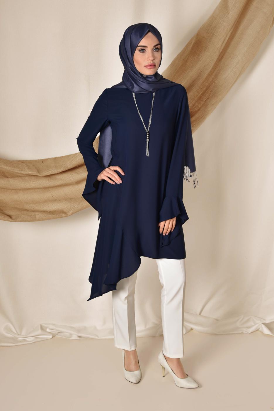Tesettür giyim LACİVERT ALVİNA ASİMETRİK KESİM TUNİK 4852