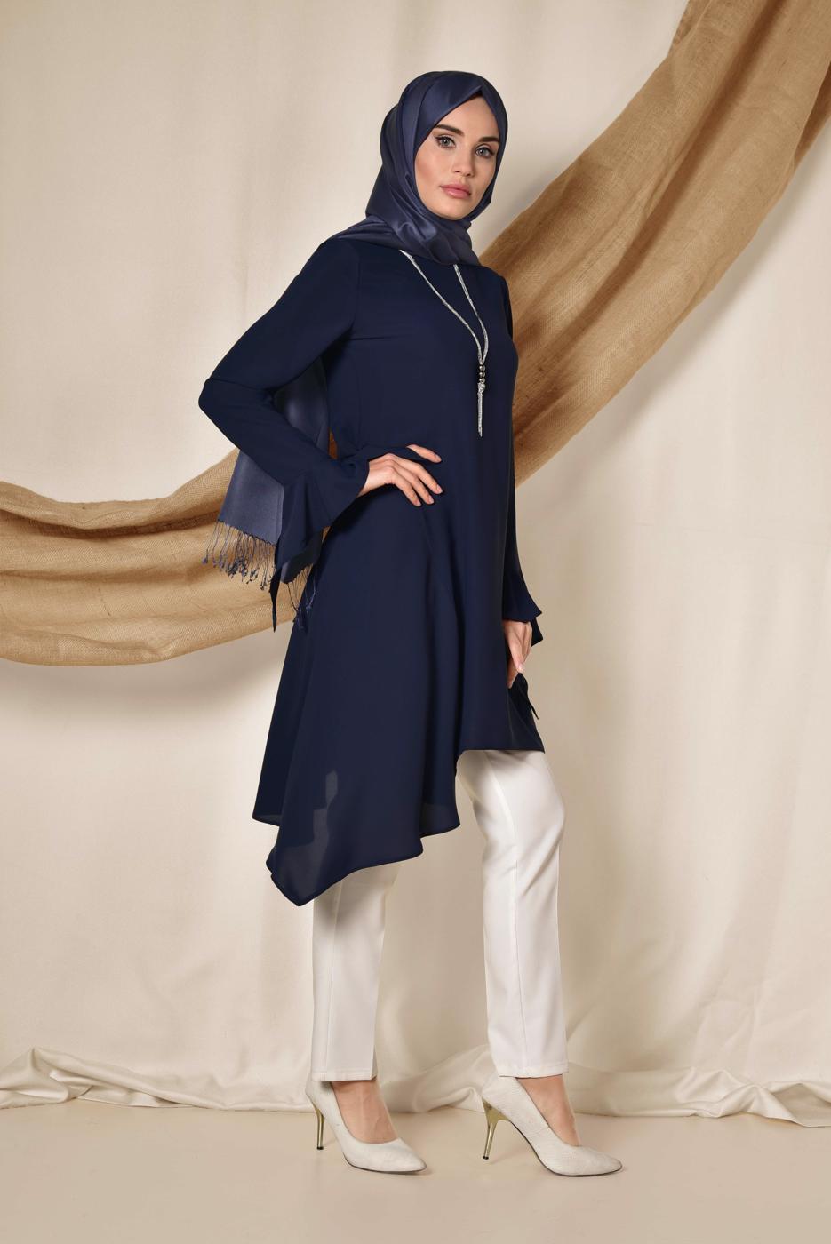 Tesettür giyim LACİVERT ALVİNA ASİMETRİK KESİM TUNİK 4852