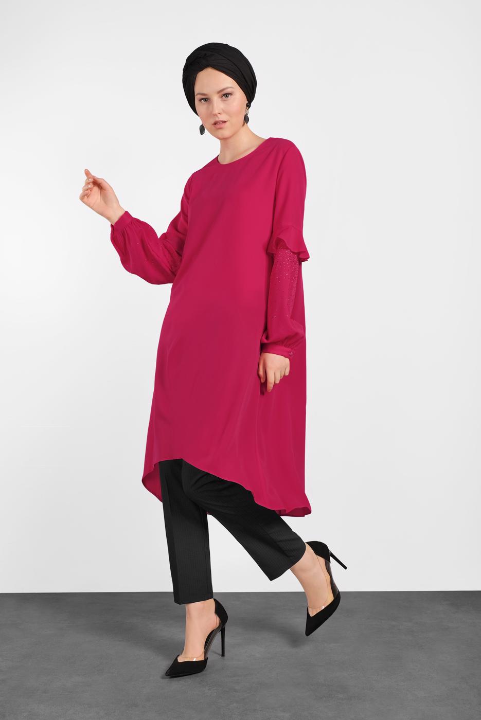 Tesettür giyim FUŞYA ALVİNA KOLLARI TAŞ DETAYLI TUNİK 4858