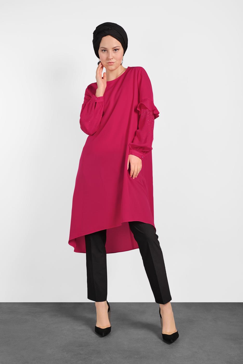 Tesettür giyim FUŞYA ALVİNA KOLLARI TAŞ DETAYLI TUNİK 4858