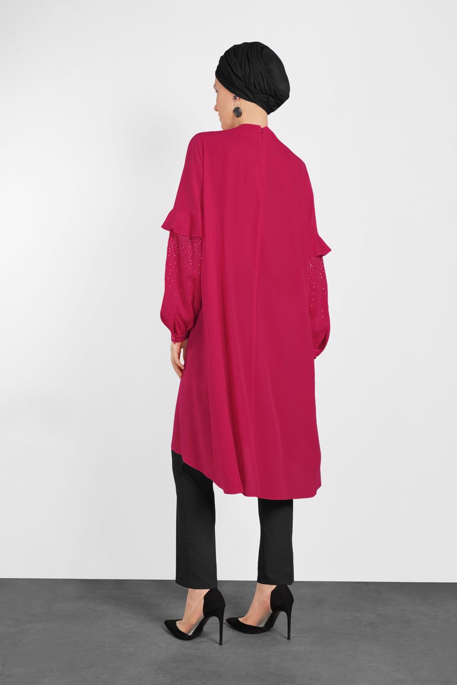 Tesettür giyim FUŞYA ALVİNA KOLLARI TAŞ DETAYLI TUNİK 4858