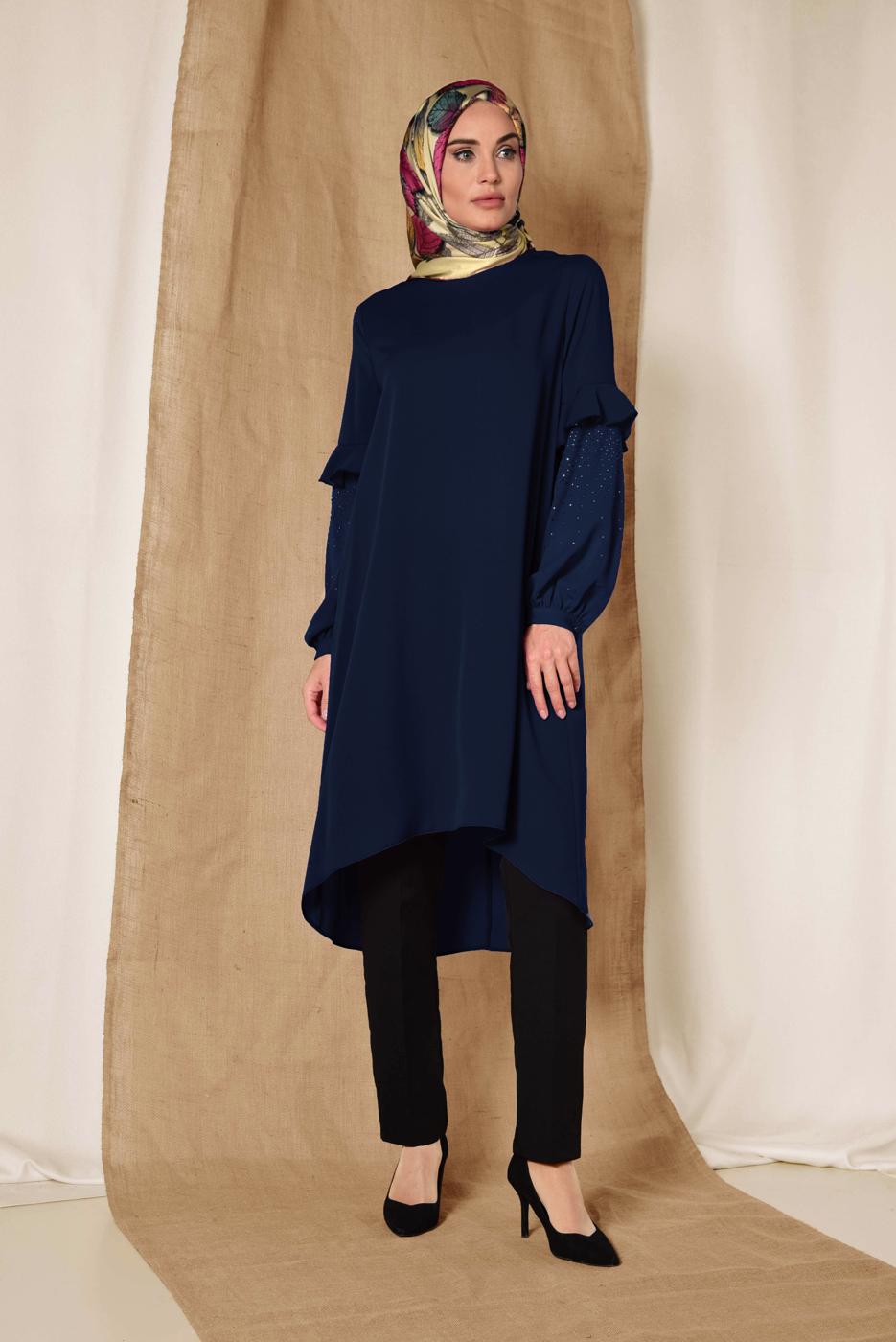 Tesettür giyim LACİVERT ALVİNA KOLLARI TAŞ DETAYLI TUNİK 4858
