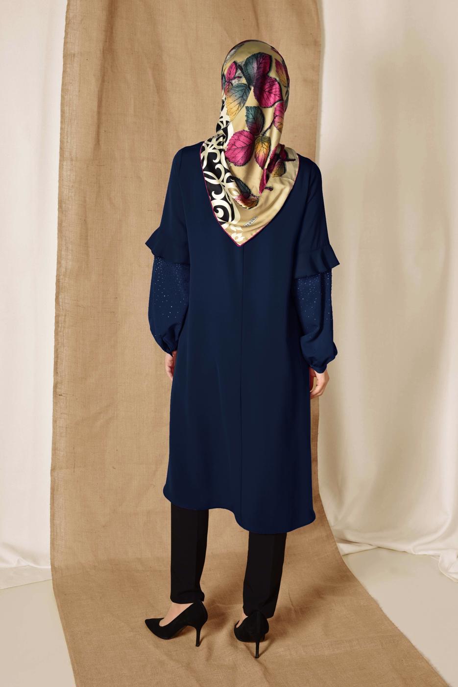 Tesettür giyim LACİVERT ALVİNA KOLLARI TAŞ DETAYLI TUNİK 4858