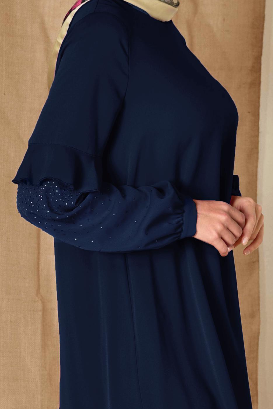 Tesettür giyim LACİVERT ALVİNA KOLLARI TAŞ DETAYLI TUNİK 4858