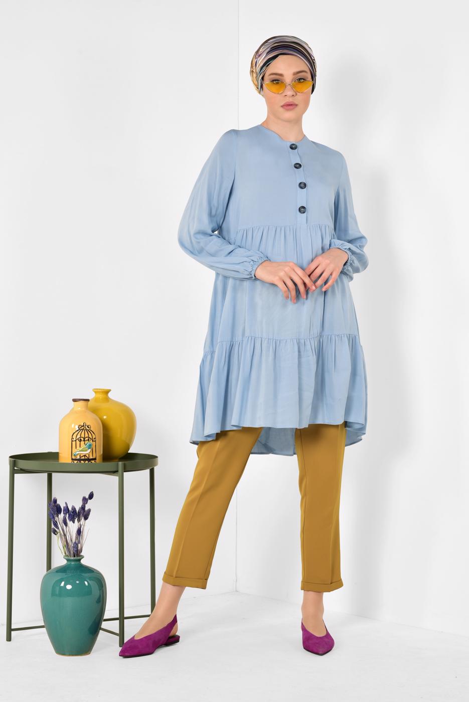 Tesettür giyim MAVİ ALVİNA ÖNÜ DÜĞMELİ BÜZGÜLÜ TUNİK 4868
