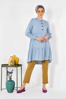 Tesettür giyim MAVİ ALVİNA ÖNÜ DÜĞMELİ BÜZGÜLÜ TUNİK 4868