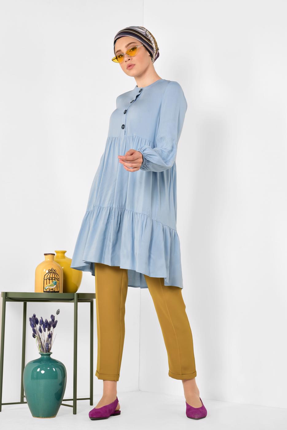 Tesettür giyim MAVİ ALVİNA ÖNÜ DÜĞMELİ BÜZGÜLÜ TUNİK 4868