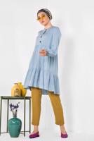 Tesettür giyim MAVİ ALVİNA ÖNÜ DÜĞMELİ BÜZGÜLÜ TUNİK 4868