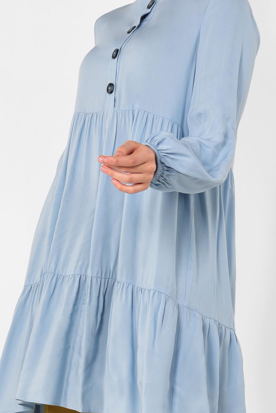 Tesettür giyim MAVİ ALVİNA ÖNÜ DÜĞMELİ BÜZGÜLÜ TUNİK 4868