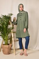 Tesettür giyim HAKİ ALVİNA ÖNÜ DÜĞMELİ BÜZGÜLÜ TUNİK 4868