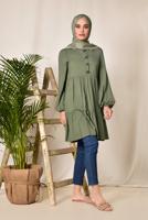 Tesettür giyim HAKİ ALVİNA ÖNÜ DÜĞMELİ BÜZGÜLÜ TUNİK 4868