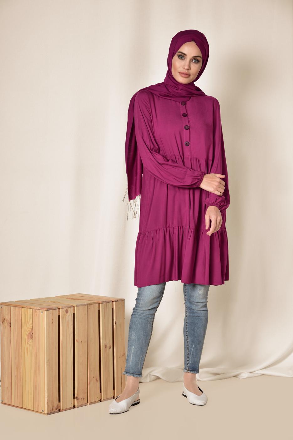 Tesettür giyim MOR ALVİNA ÖNÜ DÜĞMELİ BÜZGÜLÜ TUNİK 4868